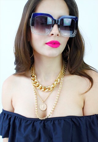 BLUE SLIVER GLITTER OVERSIZED SUNGLASSES