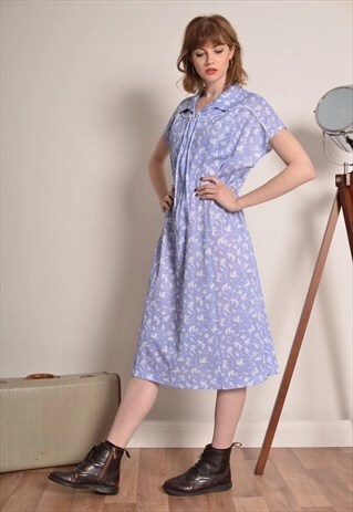 VINTAGE 80S PATTERNED SHIRT MIDI DRESS IN BLUE