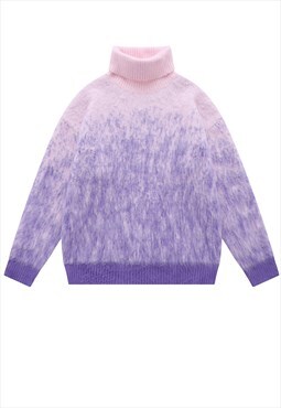 Fluffy turtleneck sweater gradient knitted jumper in purple