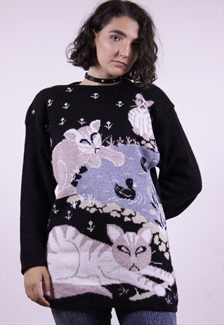 LONG KNITTED BLACK SWEATER KITTENS AND DUCKLINGS 80S GRUNGE