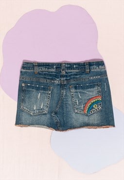 Vintage Denim Skirt Y2K Rainbow Embroidery Kidcore Mini