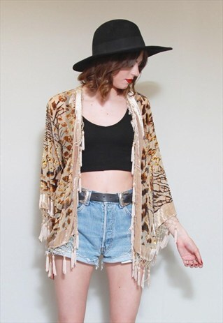 VINTAGE STYLE LEOPARD PRINT FLOCKED VELVET TASSEL KIMONO