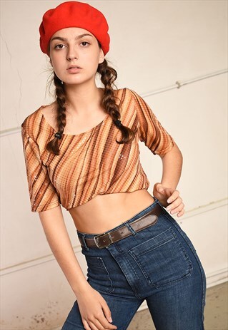 90'S RETRO STRIPED SHIMMER KITSCH PARIS CHIC TOP TEE