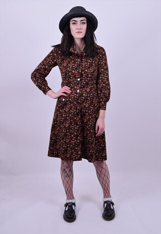 VINTAGE 70'S BROWN FLOWER PRINT BOHO DRESS SIZE 10 TO 12