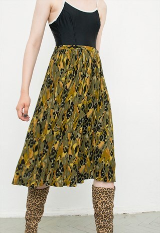 VINTAGE SKIRT GREEN YELLOW SPOTTED PATTERN MIDI A-LINE 90S
