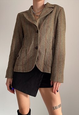  Preloved brown wool blazer jacket with orange stripes