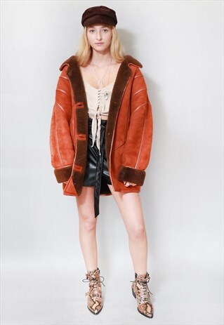VINTAGE 1980'S OVERSIZED BURNT SIENNA SHEARLING AVIATOR COAT