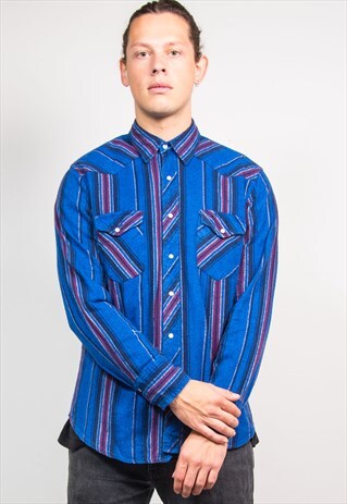 WRANGLER 90'S VINTAGE BLUE STRIPED FLANNEL SHIRT