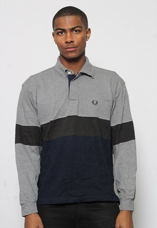 VINTAGE FRED PERRY LONG SLEEVE POLO RUGBY SHIRT GREY (RTRN)
