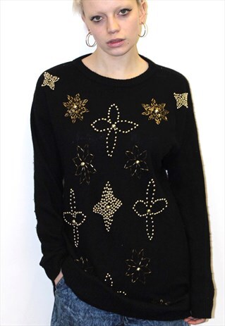 VINTAGE 80S STAR KITSCH METALLIC BLACK JUMPER SLOUCHY GOLD