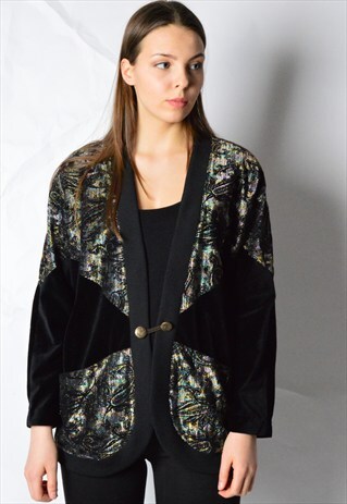 VINTAGE 80S BLACK VELVET SPARKLED SHEER PAISLEY CARDIGAN