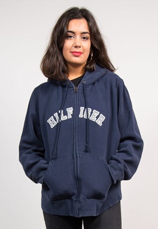 VINTAGE 90'S NAVY BLUE TOMMY HILFIGER SWEAT HOODIE JACKET