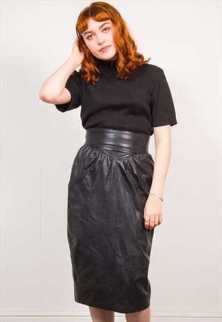 VINTAGE 90'S BLACK HIGH WAIST LEATHER PENCIL SKIRT