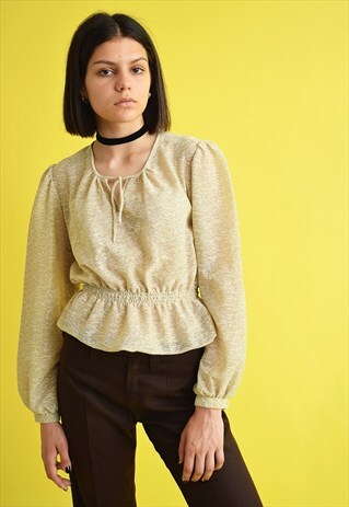 VINTAGE 70'S RETRO PEPLUM BOHO SHIMMER GOLD BLOUSE TOP