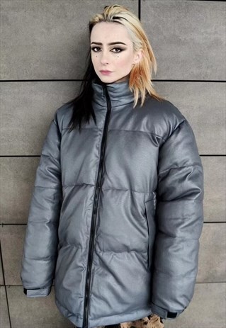 FAUX LEATHER QUILTED BOMBER RUBBER PADDED PUFFER JACKET GREY