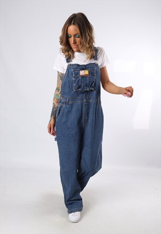 DENIM DUNGAREES JEANS POOH 90'S WIDE LEG TALL UK 16 P3B