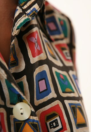 80S ABSTARCT MULTICOLOR PATTERN BLOUSE VINTAGE SHIRT 1126