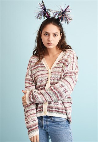 Y2K FAIR ISLE PATTERN KNIT OVERSIZED CHRISTMAS CARDI JUMPER