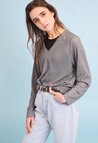 90'S RETRO OVERSIZED FISHNET SILVER SHEER GRUNGE TOP BLOUSE