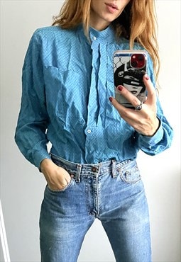 Retro Blue Buttoned Women Shirt / Blouse - Large 