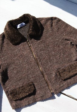 Vintage brown wool blend knit/faux fur jacket, cardigan