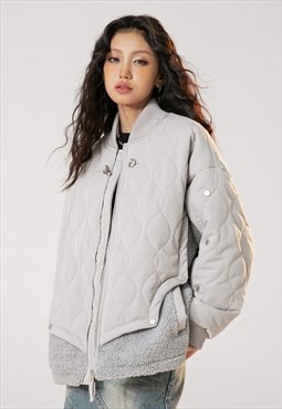 Utility fleece jacket contrast quilted asymmetric bomber