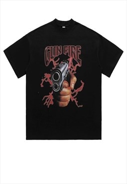 Gun print t-shirt grunge tee retro punk pistol top in black