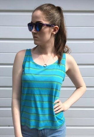 WOMENS VINTAGE 80S VEST TOP BLUE STRIPY SLEEVELESS SHIRT