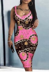 Pink Scarf Print Sleeveless Bodycon Dress