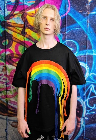 RAINBOW T-SHIRT Y2K REWORKED ROPE THREAD PATCH TEE IN BLACK