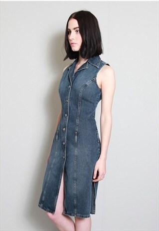 VINTAGE 1990'S SLEEVELESS MEDIUM WASH DENIM MIDI DRESS