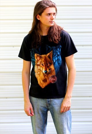 1990'S VINTAGE BLACK GRAPHIC 2-TONE WOLF PRINT T-SHIRT