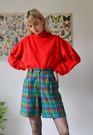 VINTAGE HIGH WAIST CHECK WINTER WOOL SHORTS