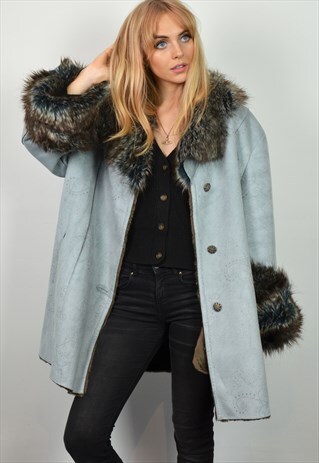 PREMIUM VINTAGE 90S OVERSIZED BLUE FAUX FUR COLLAR COAT