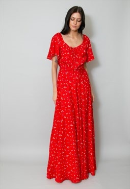 70's Vintage Red Ladies Floral Print Maxi Dress Medium