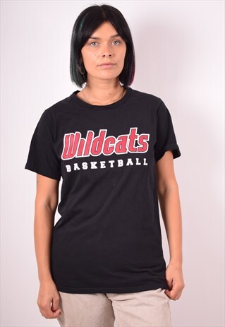 ADIDAS WOMENS VINTAGE WILDCATS T-SHIRT TOP SMALL BLACK 90S