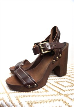 Vintage Brown Genuine Leather Plaform sandals, clogs, heels
