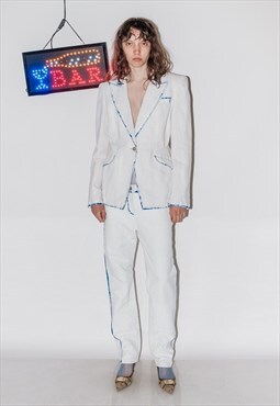 90's Vintage Mcqueen classy linen / denim suit in off white