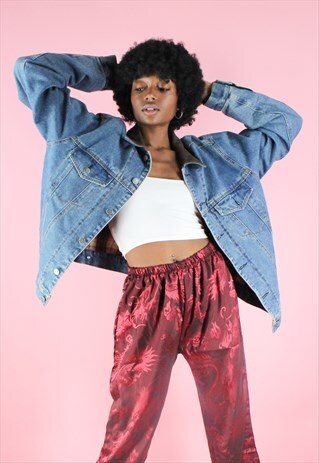 VINTAGE 90S Y2K OVERSIZED BLUE DENIM JACKET LEATHER COLLAR