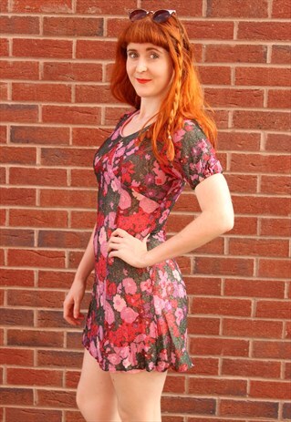 VINTAGE 80S MINI DRESS PINK RED GREEN V NECK FLORAL GLITTERY