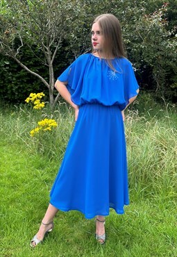 70's Blue Vintage Ladies Caped Angel Sleeve Midi Dress