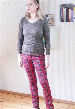 Red and green tartan skinny denim trousers