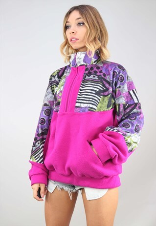 VINTAGE 90S OVERSIZED 1/4 ZIP PINK PATTERNED FLEECE