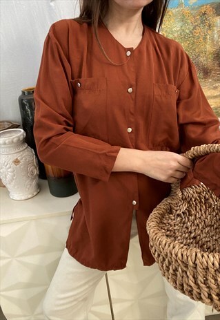 VINTAGE 80S MINIMALIST DOUBLE FRONT POCKET BLOUSE TOP SHIRT