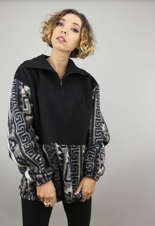 VINTAGE 90S OVERSIZED 1/4 ZIP PATTERNED FLEECE BLACK