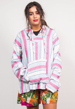 VINTAGE 90'S BRIGHT STRIPED FESTIVAL HIPPIE BAJA HOODIE