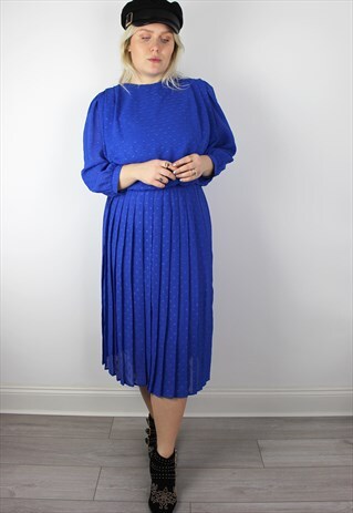 VINTAGE 1980'S ELECTRIC BLUE POLKA DOT MIDI PLEATED DRESS 12