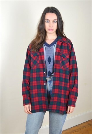 90S VINTAGE RED CHECKED JAEGER WOOL FLANNEL SHIRT