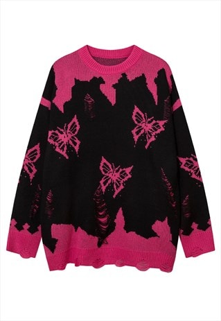 BUTTERFLY SWEATER DISTRESSED GRUNGE JUMPER RIPPED TOP PINK