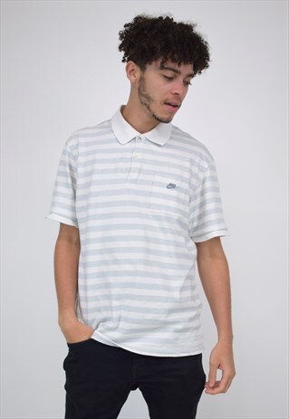 VINTAGE 90'S NIKE WHITE & BLUE STRIPED POLO SHIRT